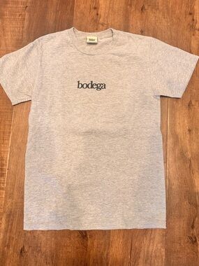 Bodega Heather Gray Logo Tee front and back hit size small